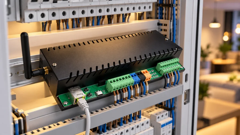 Központi világításvezérlő modul Ethernet-csatlakozással, villamos elosztószekrénybe szerelve