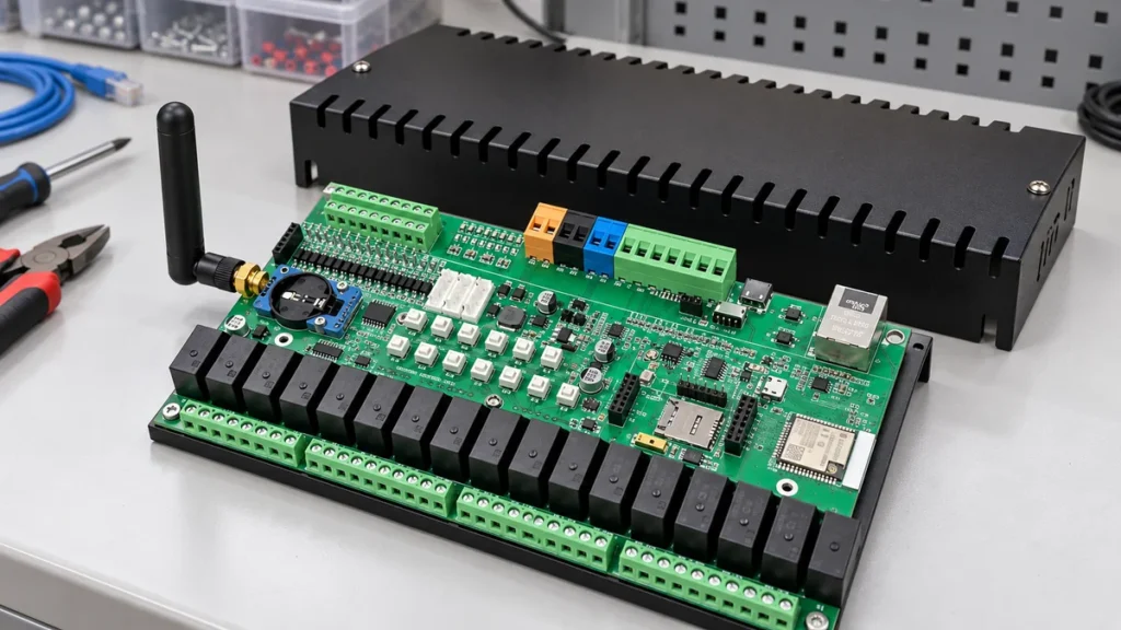 Többcsatornás ESP32 relévezérlő elektronikai panel fekete relékkel, zöld sorkapcsokkal és Ethernet-csatlakozóval