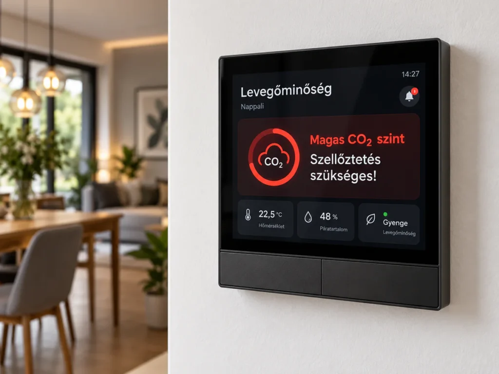NSPanel kijelző CO₂-szint figyelmeztetéssel