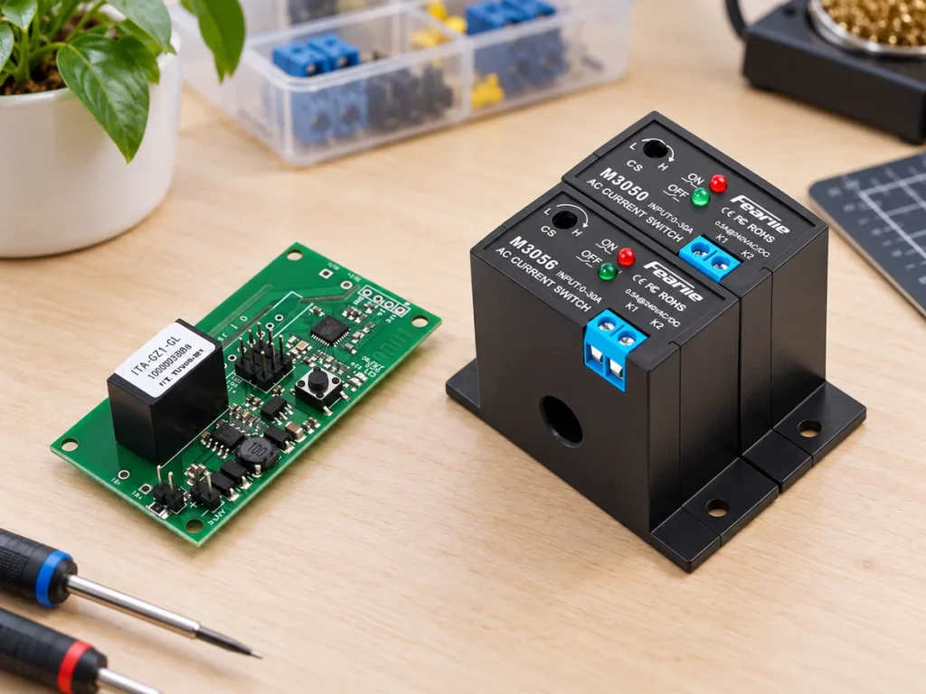 Sonoff SV relémodul és Fearlie M3050 áramérzékelők egy munkaasztalon