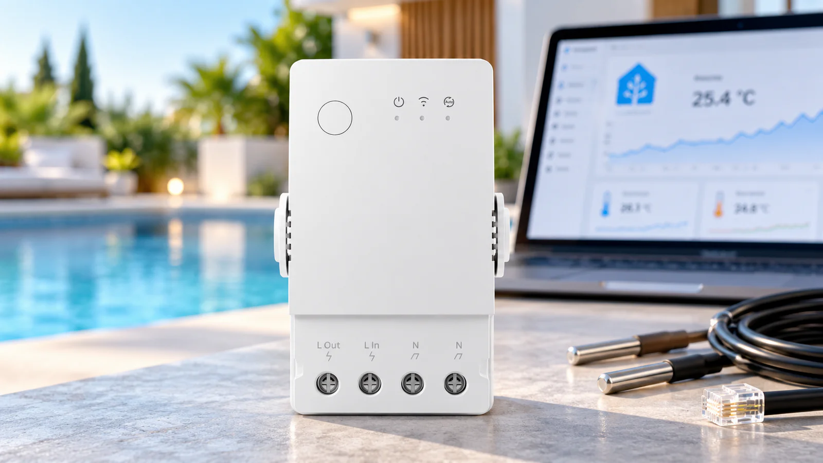 Sonoff TH Origin okosrelé hőmérséklet-érzékelőkkel, medence és Home Assistant kezelőfelület előtt